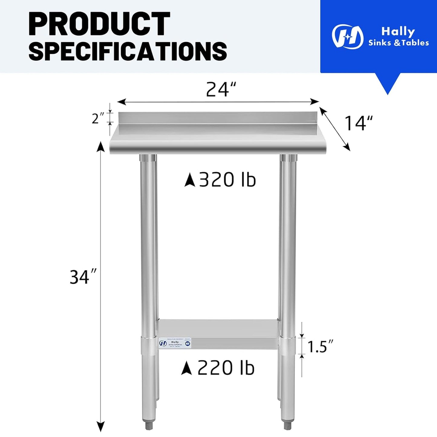 Hally Stainless Steel Table for Prep & Work 14 x 24 Inches, NSF Commercial Heavy Duty Table with Undershelf and Backsplash for Restaurant, Home and Hotel