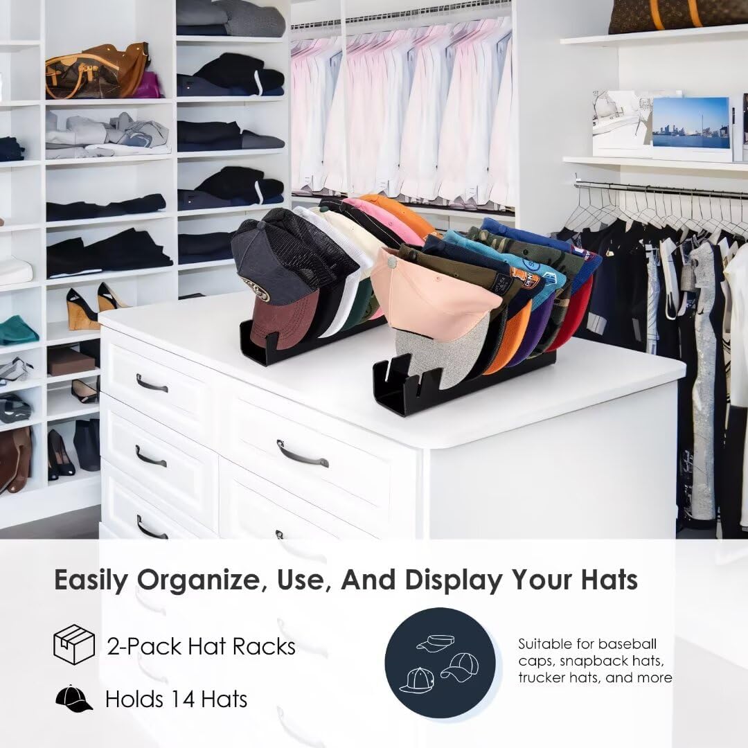 OAPRIRE Hat Stand for Baseball Caps Display and Organizer, No Install Acrylic Hat Organizer 2 Pack Holds 14 Baseball Caps for Closet, Bedroom, Dresser (Glossy Black)