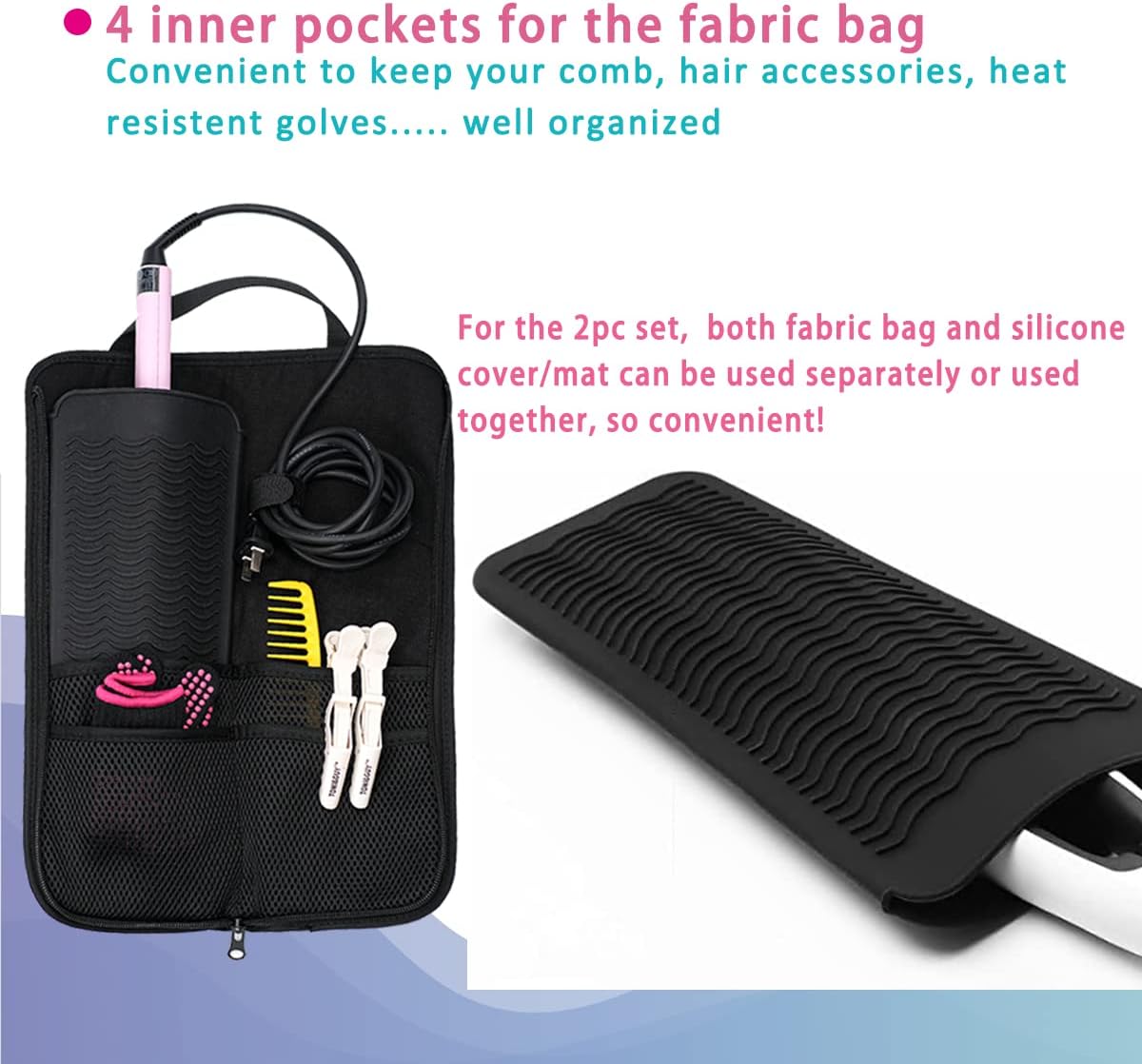 2 Pieces Hair Flat Iron Case Holder Canvas Bag Heat Resistant Curling Iron Silicone Straightener Holder Mat for Hair Tools Curling Iron Organizer Bag (Black check)