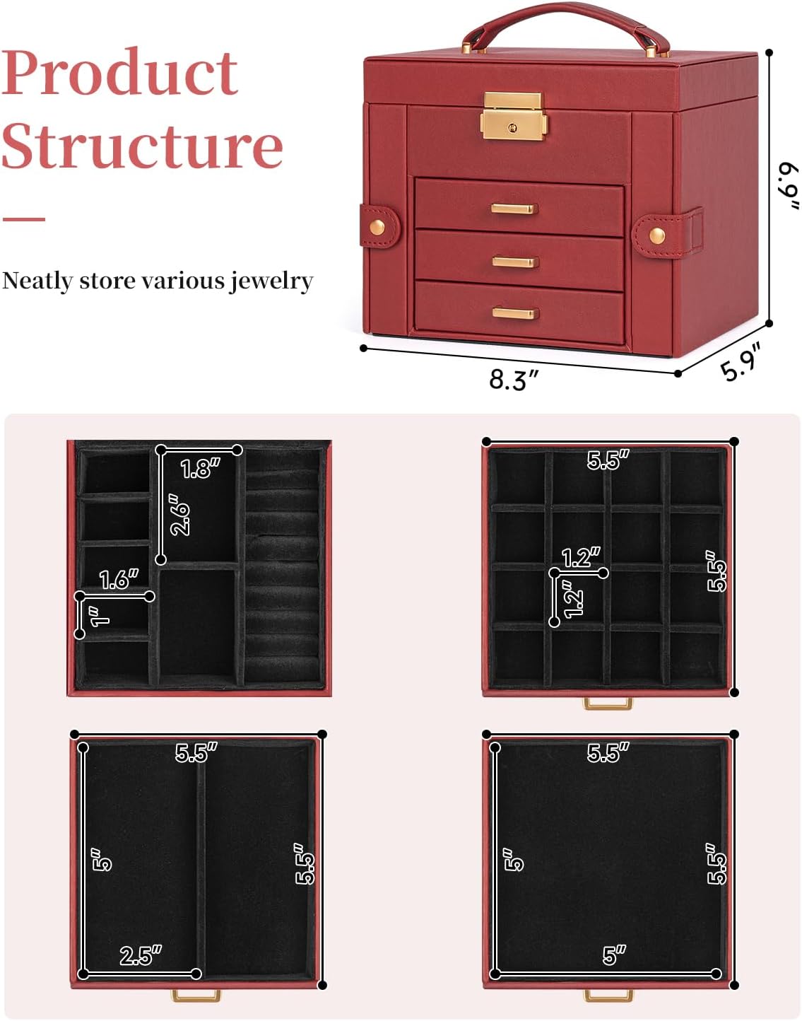 TORIBIO Jewelry Box for Women, Leather Jewelry Organizer with Mirror & Lock, 4-Tier Jewelry Storage Organizer with 3 Drawers for Girls/Women/Mothers, Necklace Earring Bracelets Holder Organizer