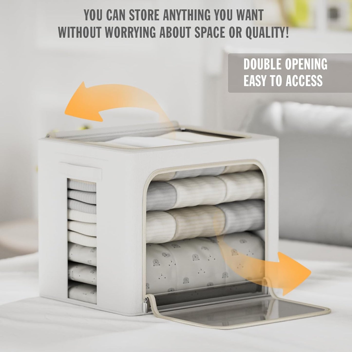 FHSQX 2 Pack Clear Window Storage Bins Large Stackable Linen Fabric Storage for Clothes Foldable Container Organizer Set with Carrying Handles (Lvory White, 15.7x 11.8x 7.8Inch)