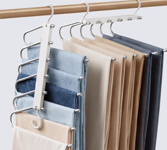 Space Saving Pants Hanger 6 Tier - Stainless Steel No Slip Multi Trouser Rack for Jeans, Slacks, Scarves - Vertical Folding Closet Organizer Saver for Men Women, 2 Pack