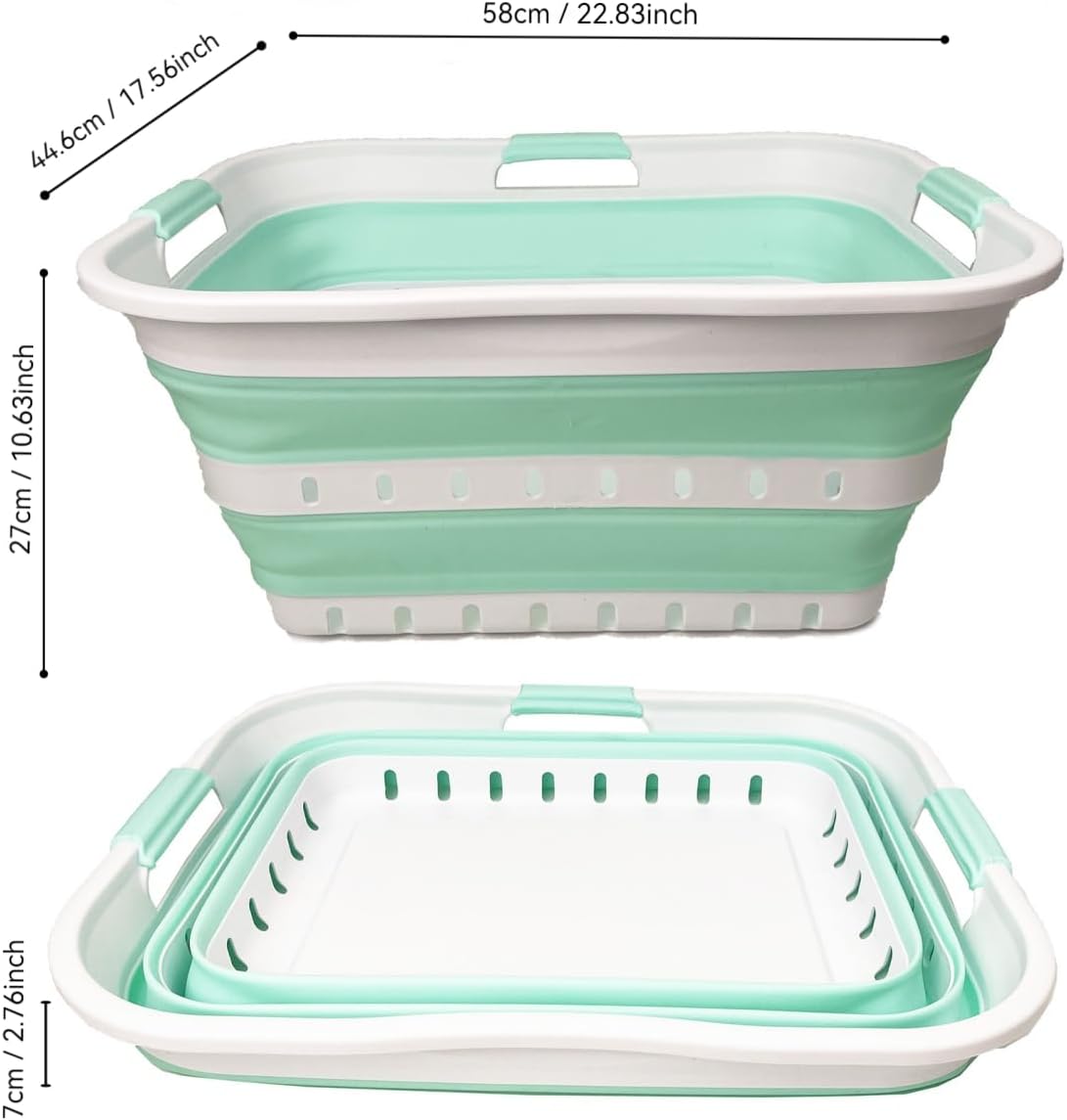 SAMMART 42L (11 gallon) Collapsible Plastic Laundry Basket - Foldable Pop Up Storage Container/Organizer - Space Saving Hamper/Basket (1, White/Light Green)
