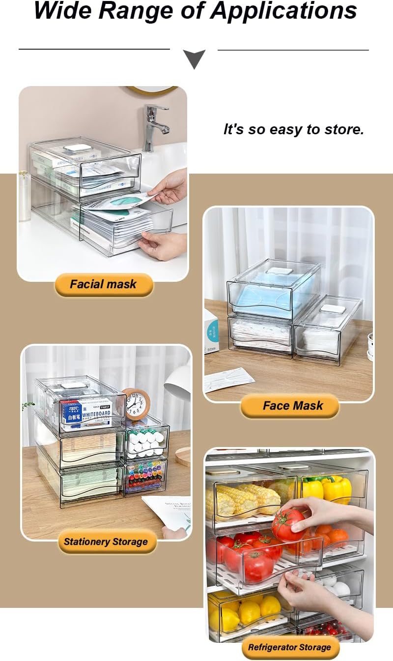 Refrigerator Organizers and Storage Drawer, Stackable Fruit Storage Containers for Fridge, Reusable Fridge Organizer fit for Kitchen Refrigerator and Restaurant Freezer (2 Drawers, Medium)