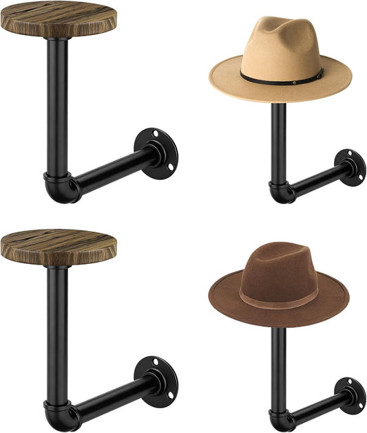 4PCS Cowboy Hat Rack Wall Mount, Wooden Western Rustic Metal Hanger, Wall Mounted Helmet Hanger for Multifunctional Display Hanger Stand for Cap Wig Hats, Fedora, Sun Hats