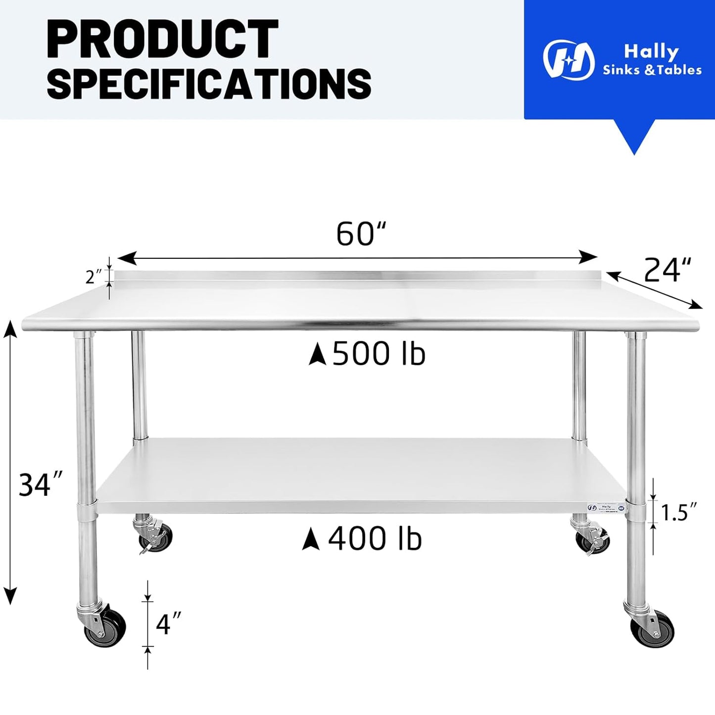 Hally Stainless Steel Table for Prep & Work 24 x 60 Inches with Caster Wheels, NSF Commercial Heavy Duty Table with Undershelf and Backsplash for Restaurant, Home and Hotel