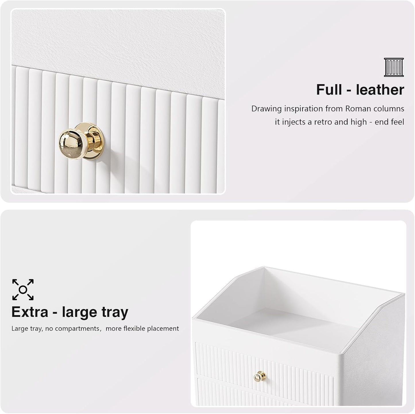 Office Accessories,Begie White Vegan Leather Office Supplies with 3 Drawers & Tray for Desk,Perfume Organizer with Gold-Tone Metal Accents Knob for End Tables,Bedside Table,Bedroom