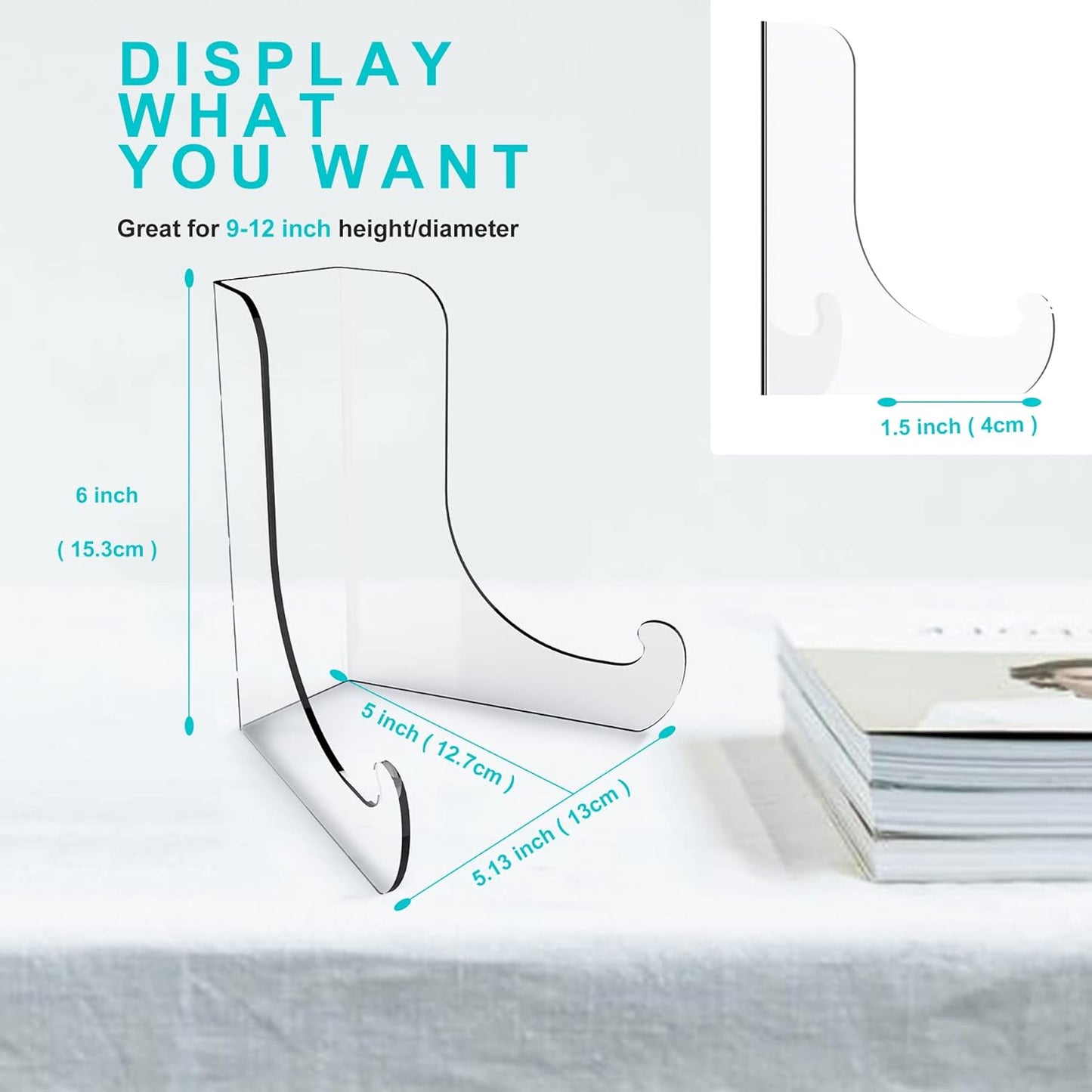 Boloyo Flat Back Acrylic Plate Display Stand , 6 Inch 5PC Clear Acrylic Display Holder Easel Base for Home Office Kitchen School Art Display
