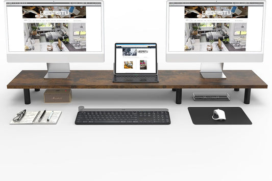 Large Dual Monitor Stand Riser 43.3IN，Vintage Home Office Storage For Desk Accessories，Solid Wod Desk With Adjustable Legs For computer/PC/Laptop/Printer/Container/dressing table