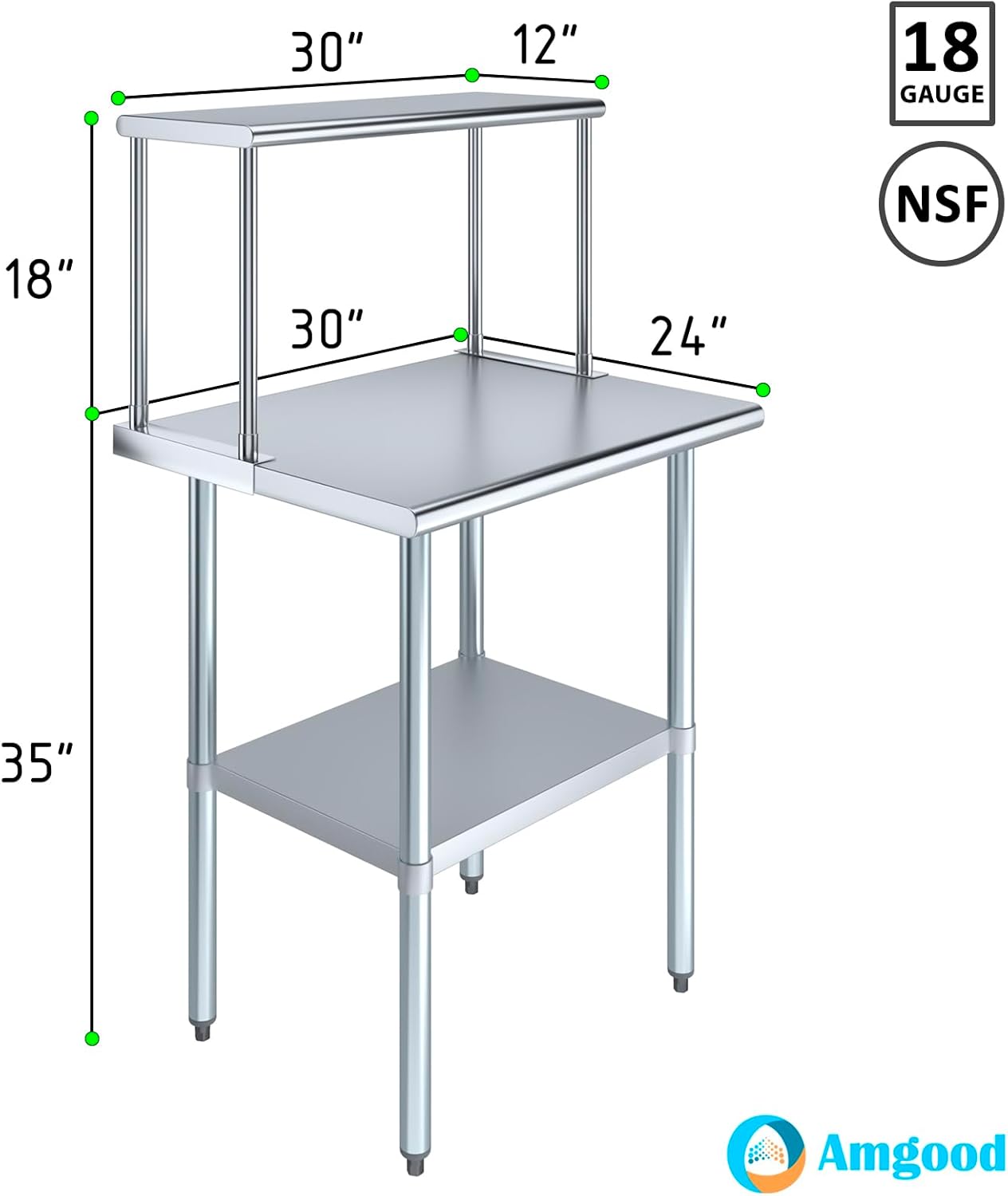 AmGood Stainless Steel Work Table with Wide Single Tier Overshelf | Metal Kitchen Prep Table & Shelving Combo (24"" x 30"" Work Table + 12"" Overshelf), AMGWT2430+SOS1230FM1