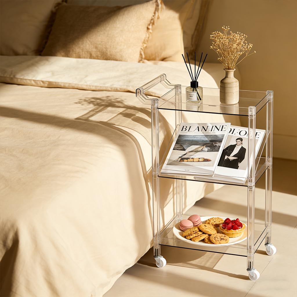 Acrylic Utility Rolling Cart, 3-Tier Clear Acrylic Storage Cart with Pulling Handle & 4 Wheels for Kitchen Living Room Dining Bathroom Laundry, Multifunction Serving Trolley for Small Spaces (Brown)