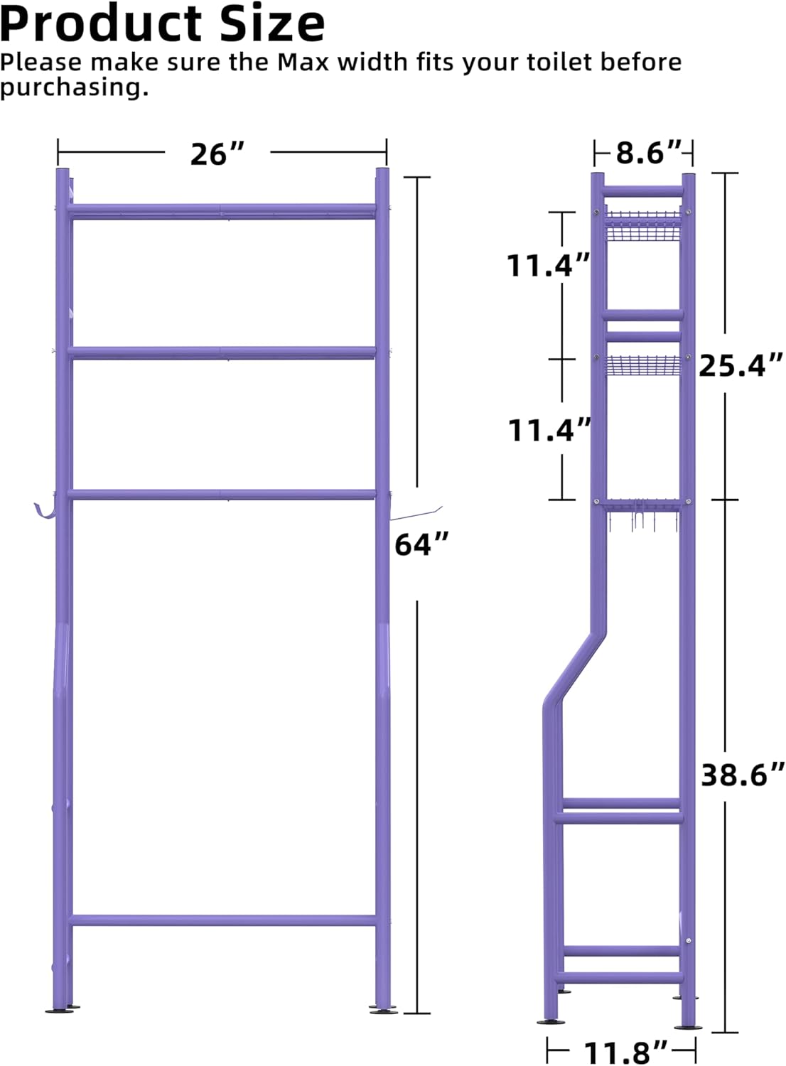 3-Tier Over The Toilet Storage, Freestanding Metal Bathroom Shelves with 4 Hooks, Over Toilet Storage Shelf with Paper Holder, Above The Toilet Shelf for Bathroom Storage, Purple
