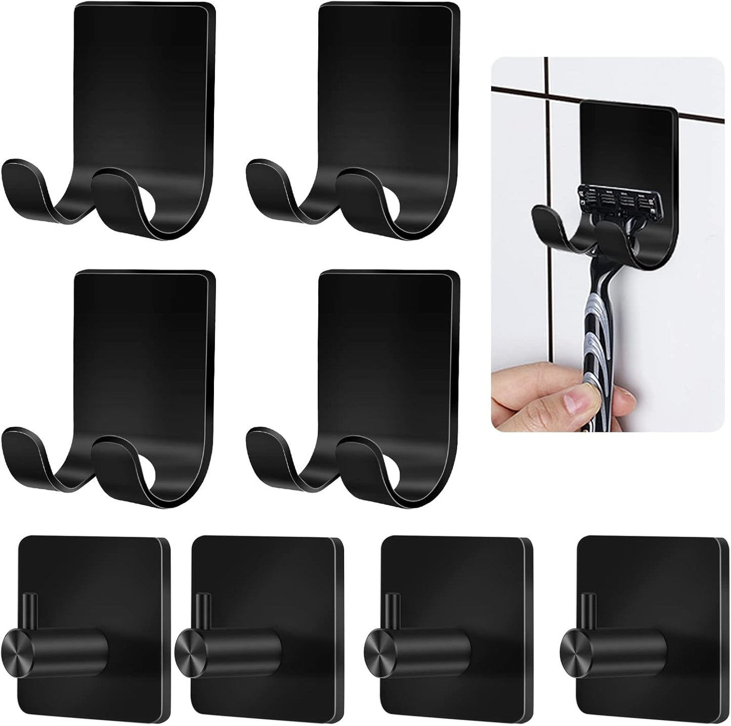 CGBE Razor Holder for Shower, 4 Packs Self Adhesive Shaver Holder Hanger Hooks for Bathroom, Damage Free Wall Hooks for Razor Shaver Loofah Sponge