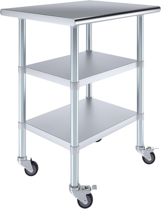 AmGood Stainless Steel Work Table with 2 Shelves and Casters | Metal Utility Table On Wheels (Stainless Steel Work Table with 2 Shelves + Casters, 30" Long x 24" Deep)