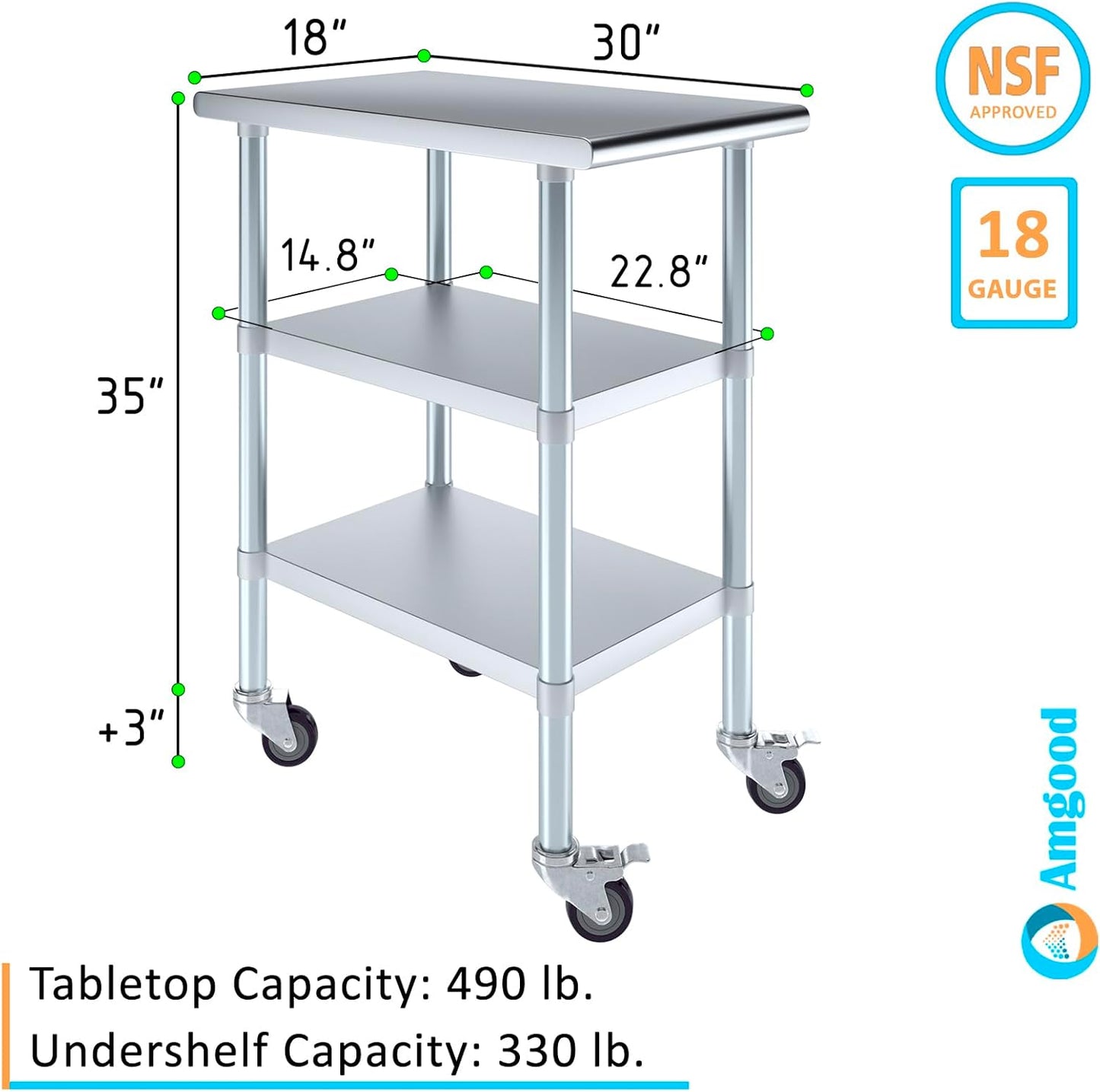 AmGood Stainless Steel Work Table with 2 Shelves and Casters | Metal Utility Table On Wheels (Stainless Steel Work Table with 2 Shelves + Casters, 18" Long x 30" Deep)