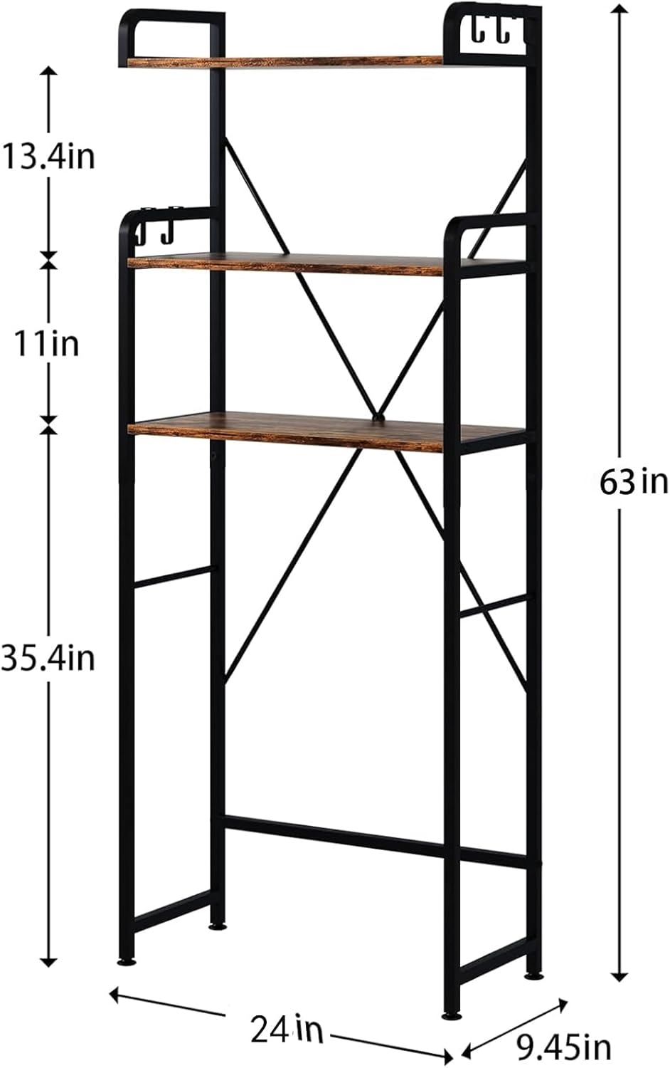 Over The Toilet Storage Rack with 3-Tier Bathroom Shelves, Space Saver Toilet Shelf, Bathroom Storage Organizer with Hooks for Over Toilet Storage and Shelf (Rustic Brown)