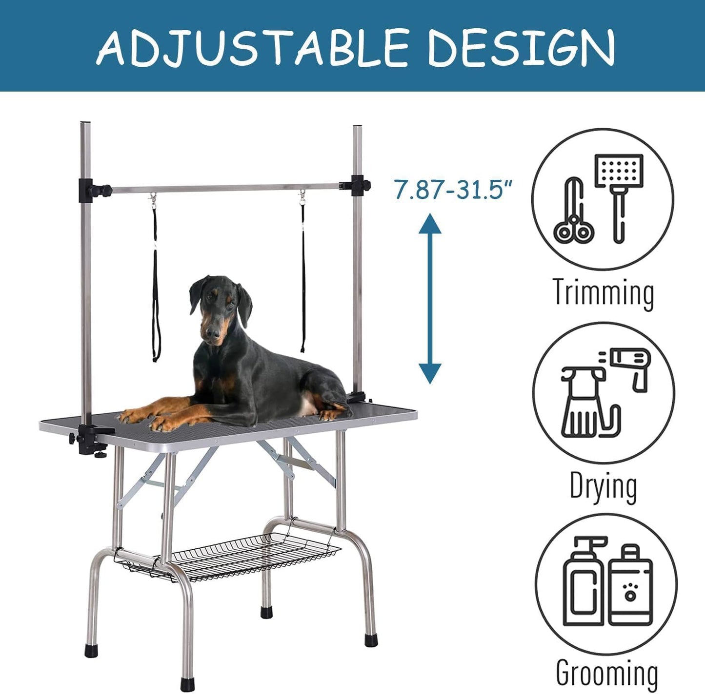 46" Dog Grooming Table Foldable Pet Grooming Tables with Adjustable Arm Noose Storage Mesh Tray Maximum Capacity Up to 330lbs Black