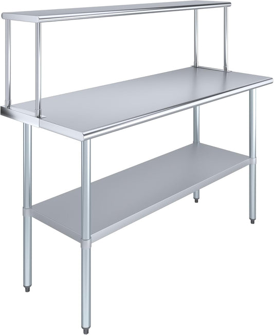 Stainless Steel Work Table with Wide Single Tier Overshelf | Metal Kitchen Prep Table & Shelving Combo (24" x 60" Work Table + 12" Overshelf)