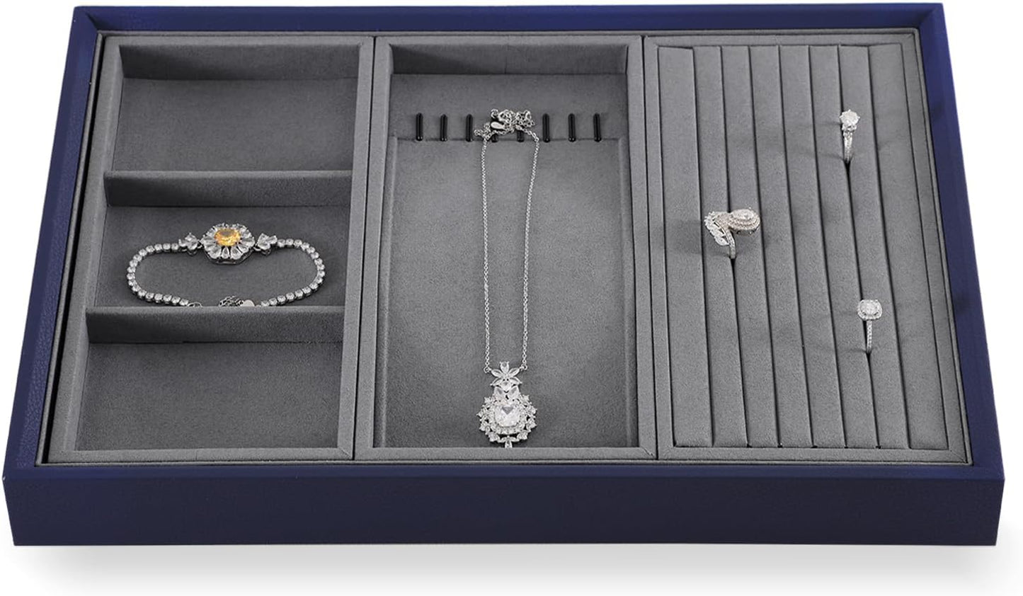 Dark Blue Jewelry Display Tray Ring Necklace Earring Bangle Organizer Multifunctional Storage Case for Jewelry Showcase (Long Necklace Tray)