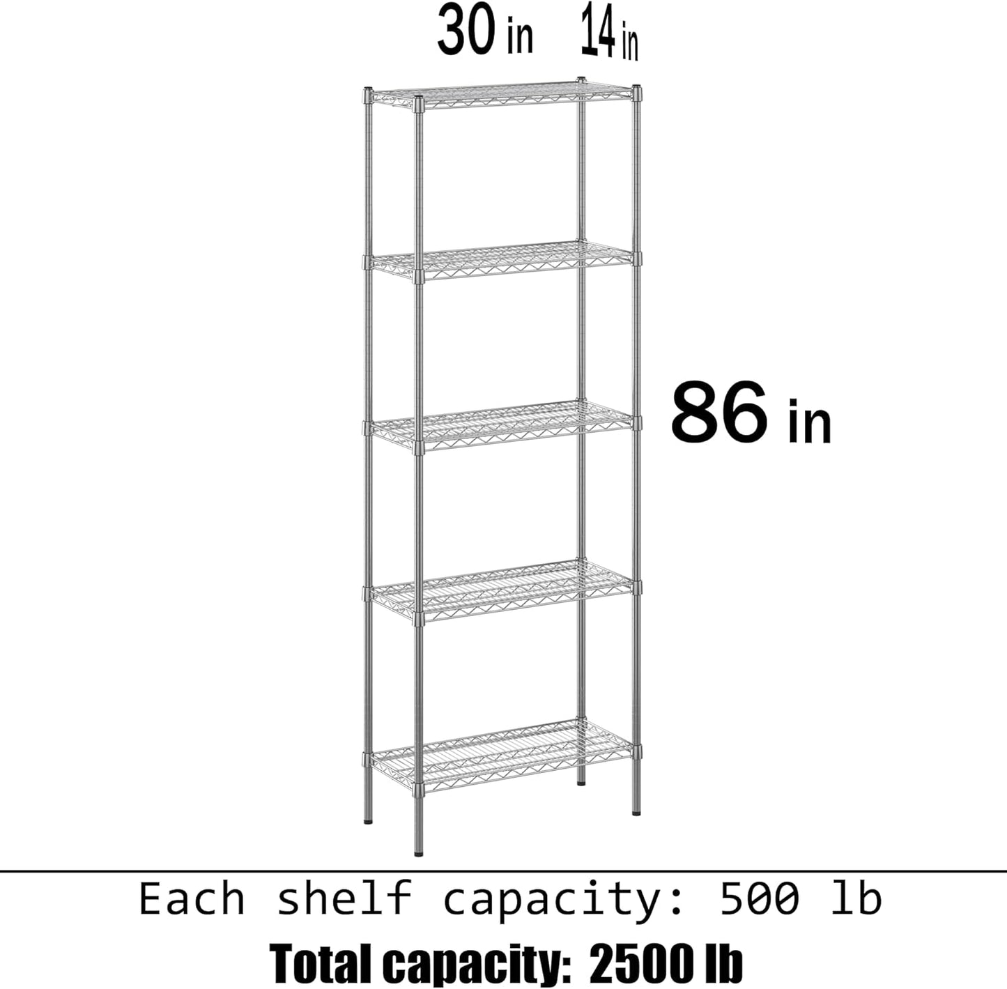 14" Deep x 30" Wide x 86" Height Wire Shelving Kit | 5-Tier | NSF Commercial Storage Rack Unit