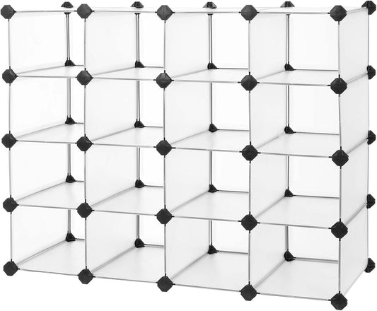 SONGMICS Shoe Rack with 16 Cubes, Interlocking Plastic Shoe Organizer, DIY Storage Cabinet for Closet Entryway Bedroom Garage, Space Saving Design, 12 x 35.1 x 27.2 Inches, Transparent ULPC445W02