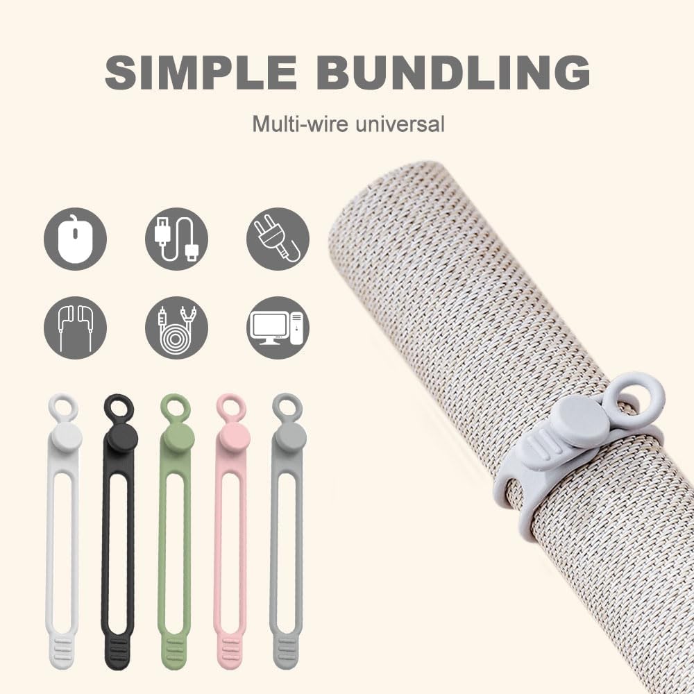 Data Cable Organizer, Silicone Cable Ties Reusable - Elastic Cord Organizer for Electronics, Adjustable Wire Ties for Cable Management,Computer Wires,Phone Charger,Earphone,Home Office (Green, 20PCS)