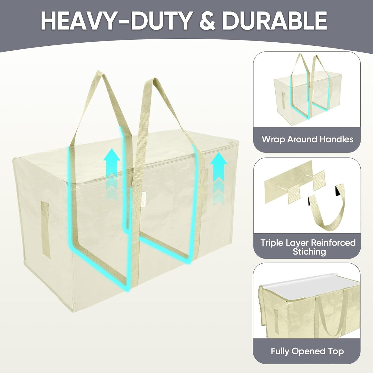 TICONN 2 Pack Extra Large Moving Bags with Zippers & Carrying Handles, Heavy-Duty Storage Tote Moving Boxes for Space Saving (2 Pack, Cream)