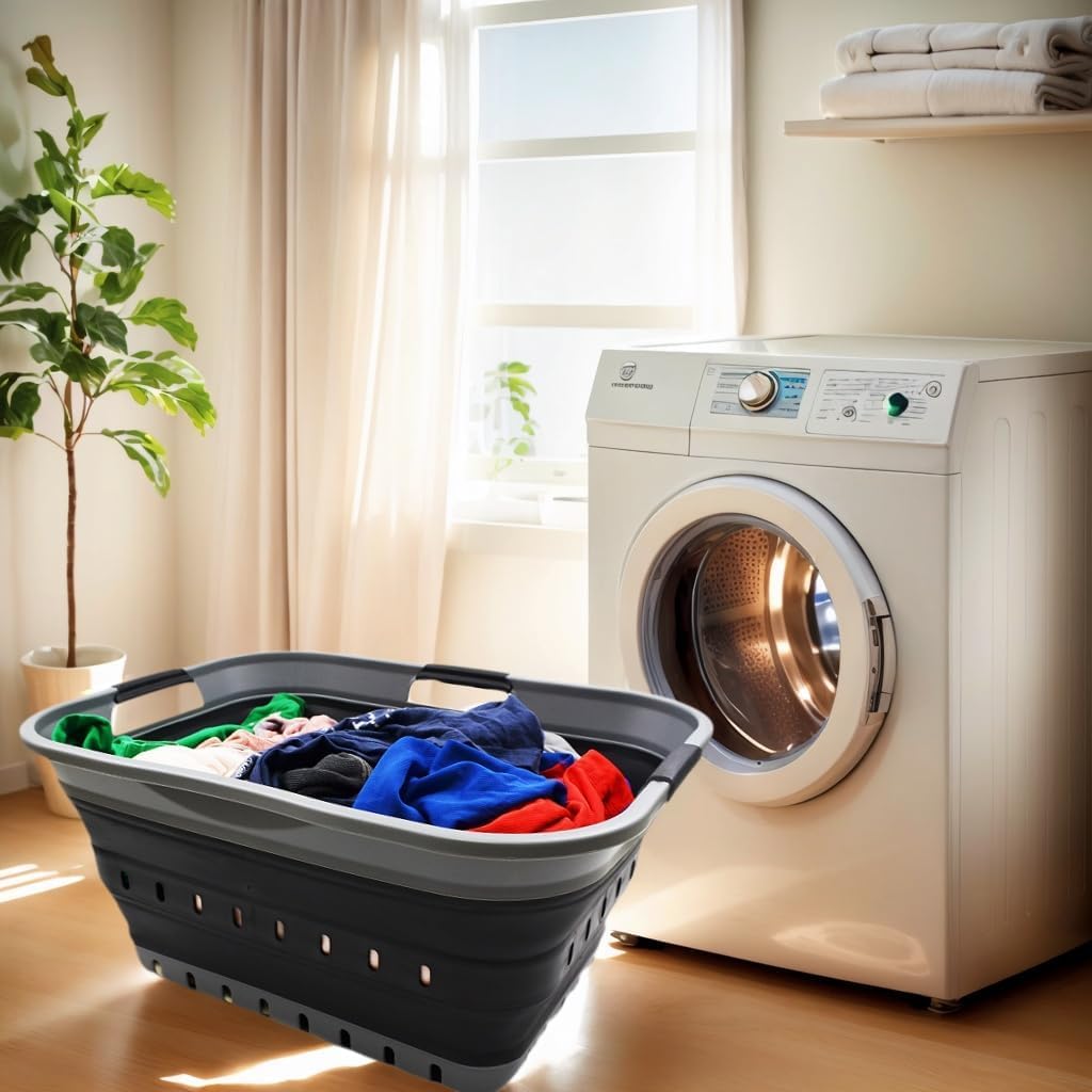 SAMMART 42L Collapsible Plastic Laundry Basket - Foldable Pop Up Storage Container/Organizer - Space Saving Hamper/Basket (1, Grey/Black)