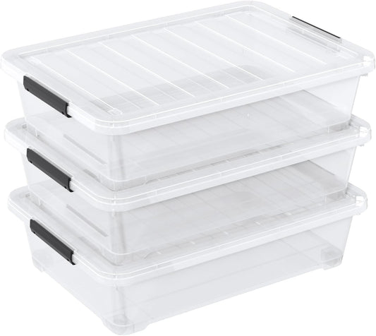 40 Quarts Clear Stackable Underbed Box, Shallow Underbed Bins with Wheels Set of 3