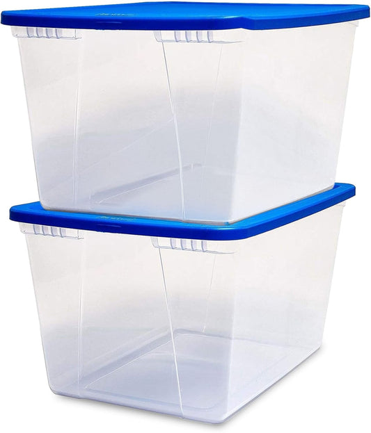 HOMZ 2-Pack Snaplock, Large Clear Plastic Storage Organizer Bins w/Lids, 56 Quart, Blue - Stackable Container Boxes for Bedroom, Bathroom, Garage, and Office Organization