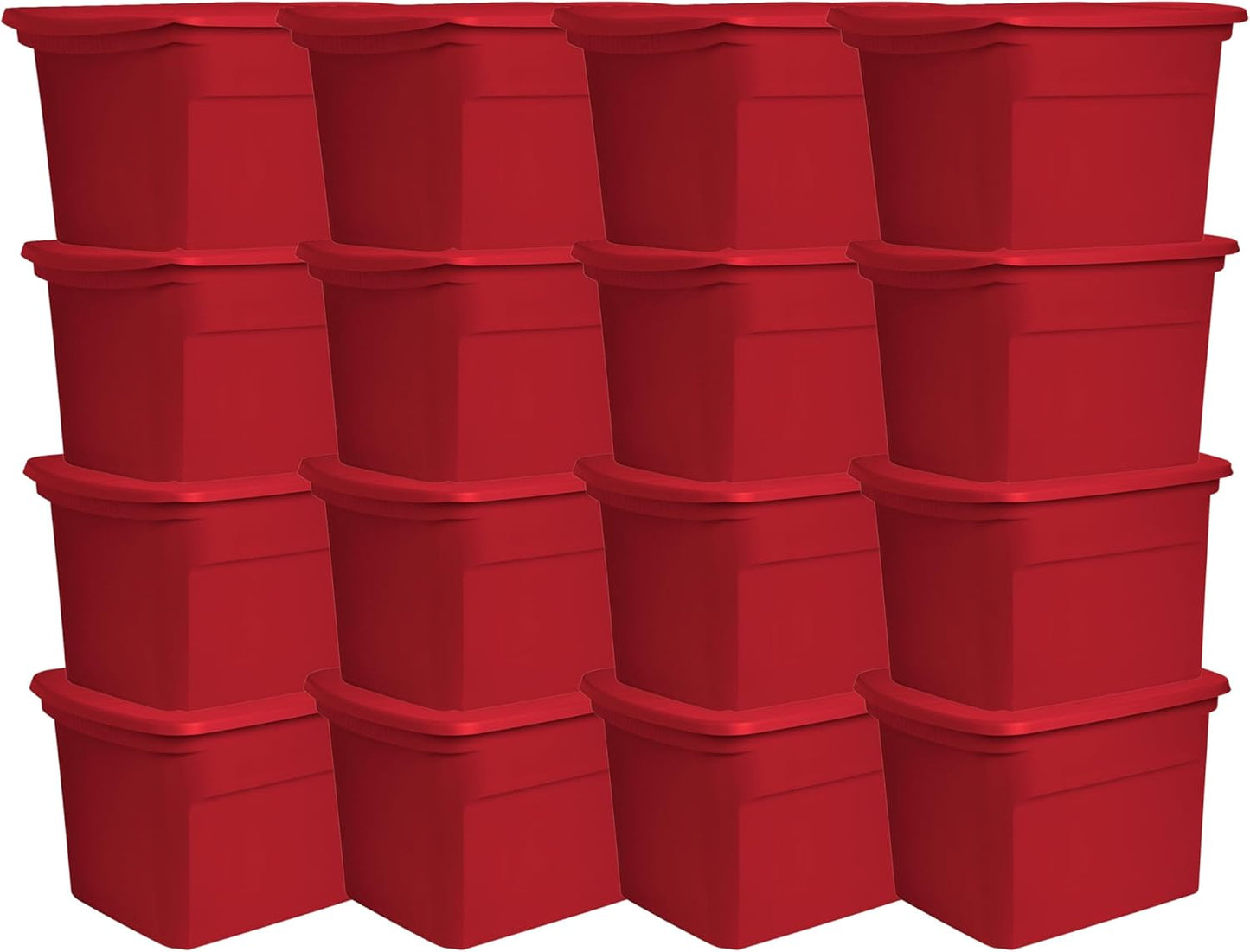 Sterilite 18 Gallon Stackable Storage Tote Container, Seasonal Home Decor, and Garage Organizer Bin with Lid, Red (16 Pack)