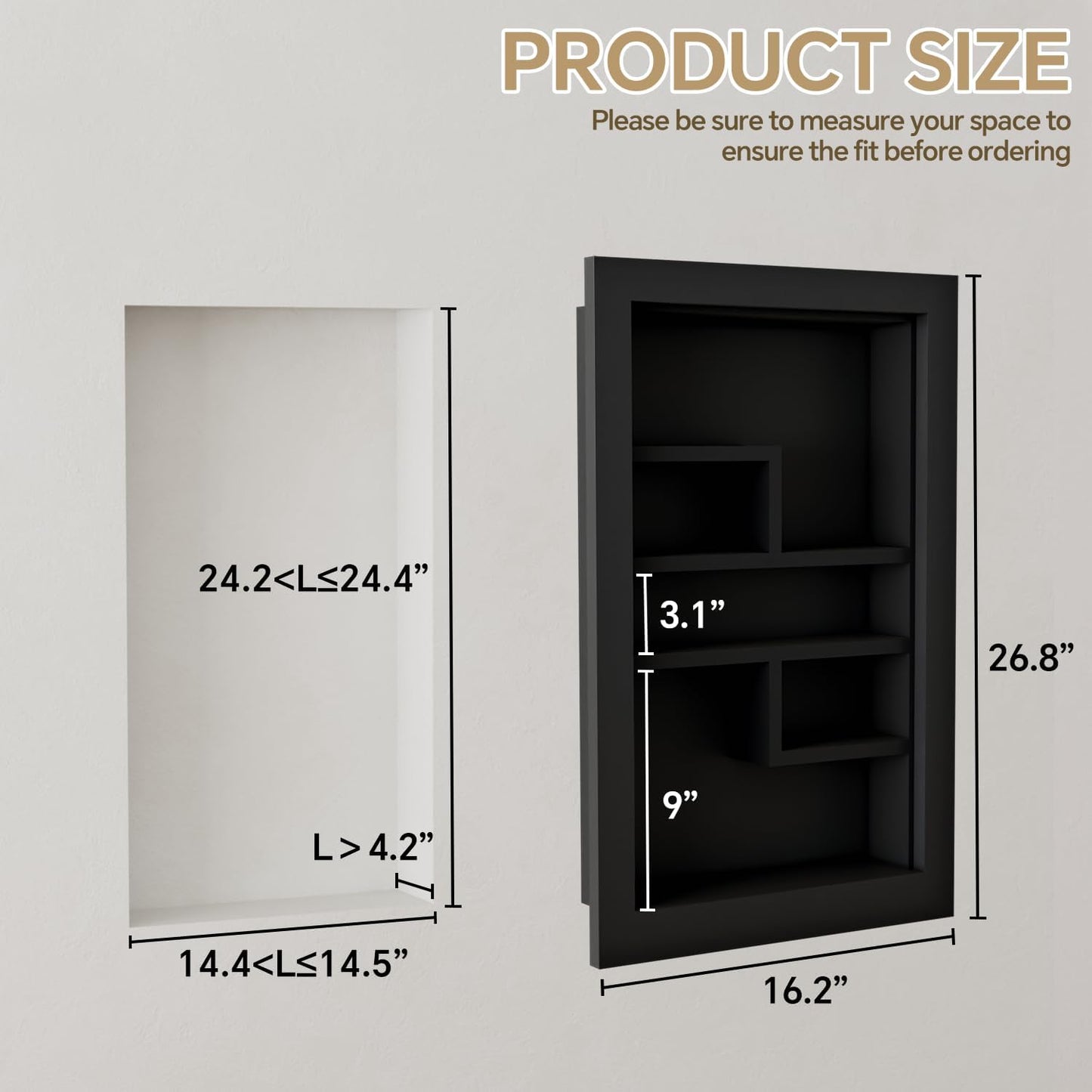 Solid Wood 14 X 24 Recessed Medicine Cabinet,3-Tier, Medicine Cabinet Organizer,Wall Niche, Bathroom Wall Cabinet, Recessed Bathroom Cabinet, Bathroom Cabinet with Storage Black