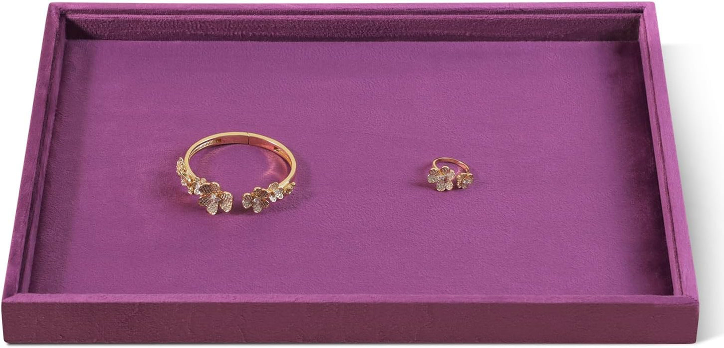 Velvet Stackable Jewelry Display Flat Tray For Ring Earring Necklace Bracelet, Bangle Pendant Storage Blank Plate, Shop Countertop Jewelry Dish Organizer (Purple)