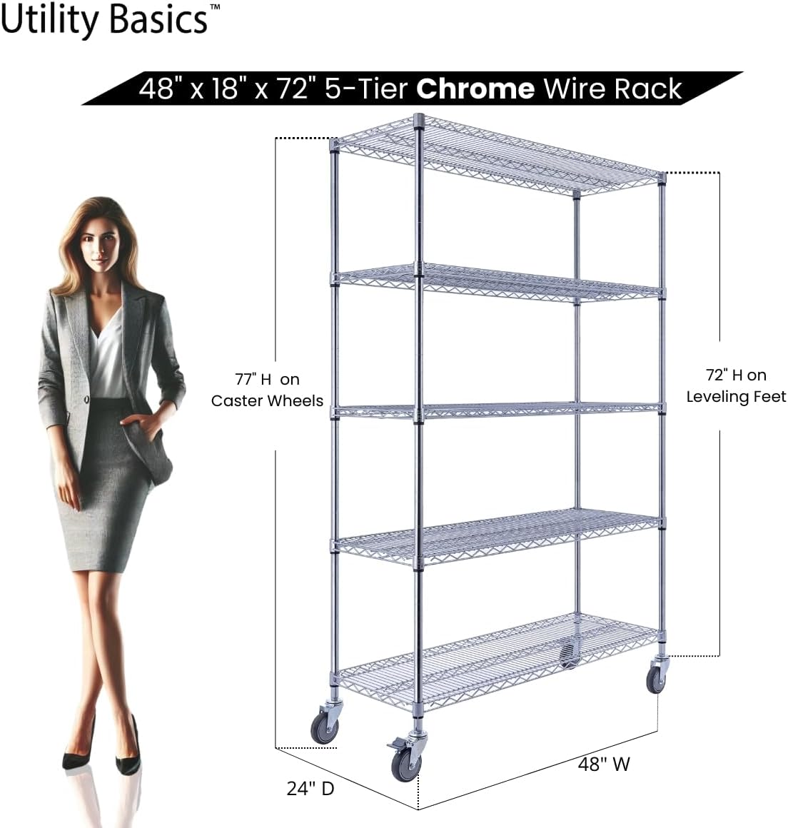 NSF Commercial 5-Tier Wire Shelving with Wheels, 48"x18"x72" Heavy Duty Metal Shelves 4000 lbs Max Capacity, Chrome Storage Rack for Garage Kitchen Pantry Warehouse