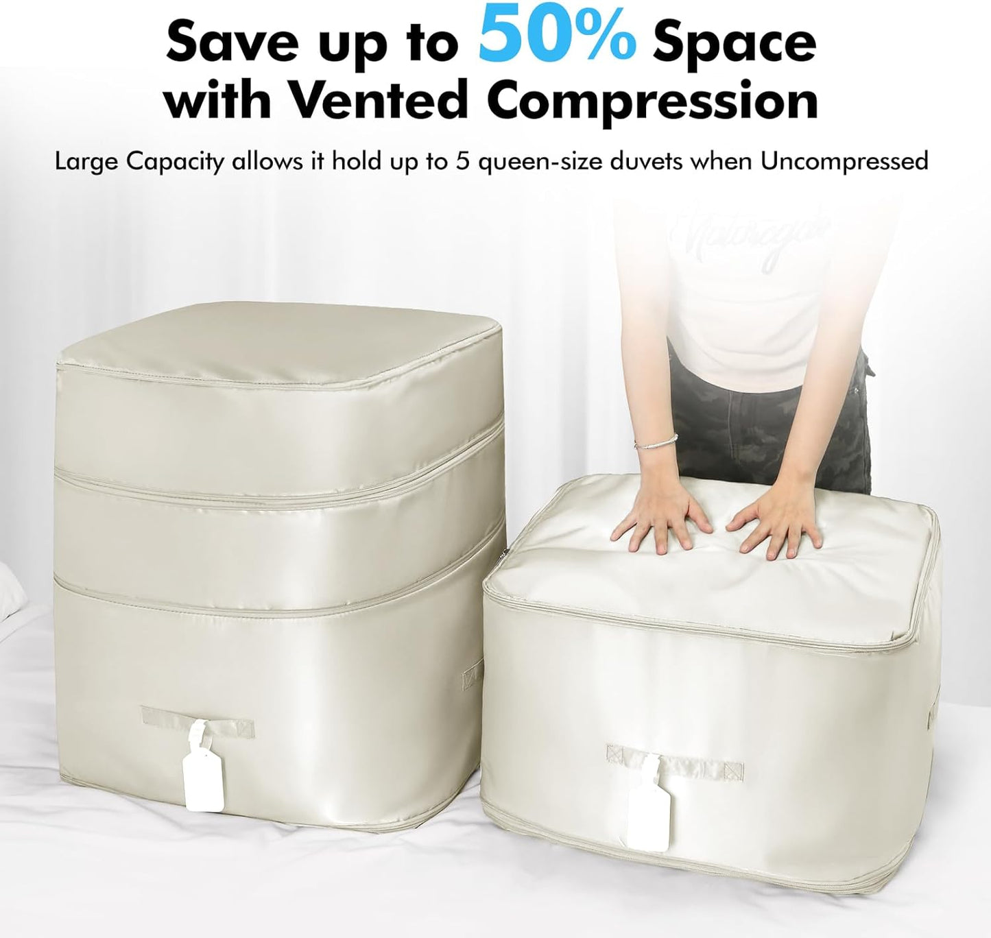 Comforter Storage Bag-Ultra Space Saving Large Self Compression Organizer for Comforters and Blanket,3-Layer Zipper Self-Compressing Organizer for Storage Bedding. (Beige, 2 Pack)