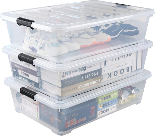 50 L Large Plastic Under Bed Storage Containers, Clear Plastic Underbed Storage Bins with Wheels, 3-Pack