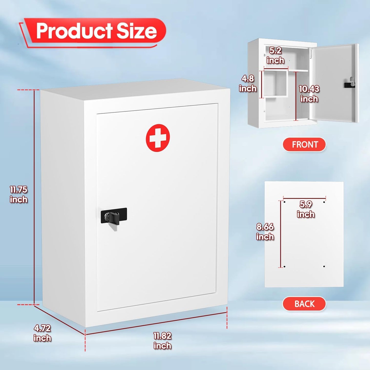 Wall-Mount Locking Medicine Cabinet: Large Metal Storage Organizer Box with Combination & Key Lock - First Aid Medicine Cabinet 3-Compartment Design for Bathroom Home (15.75" H x 11.82" W x 4.72" D)