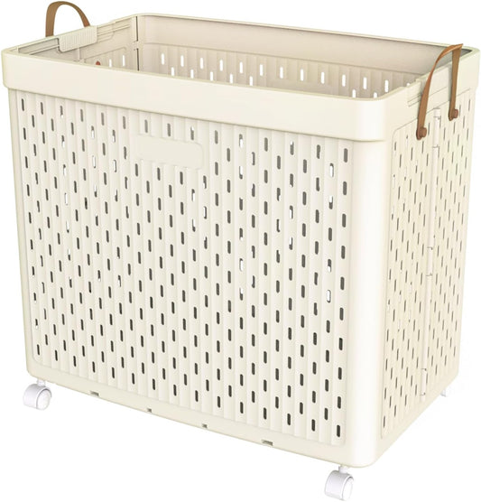 UAK Laundry Basket with Wheels, Collapsible Plastic Laundry Hamper with Handle, Foldable Laundry Basket Organizer for Laundry and Bathroom Ivory, XXXXL (110L)