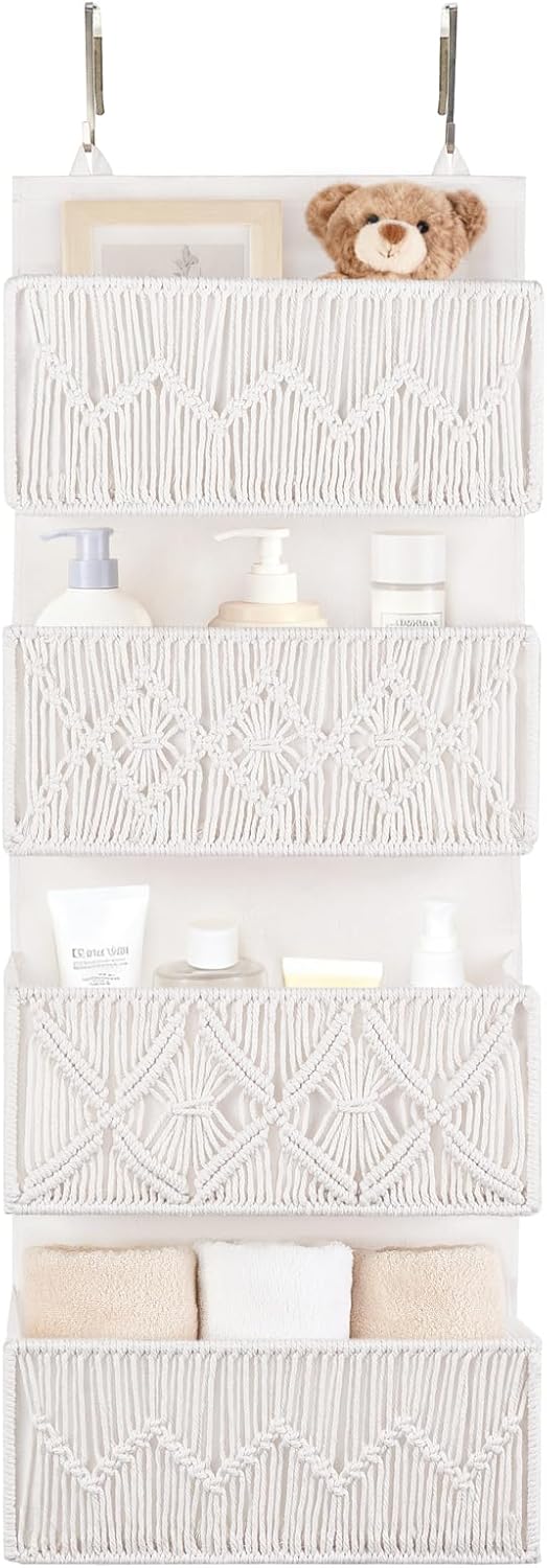 Dahey Over The Door Organizer Macrame Boho Nursery Storage Decor with 4 Large Woven Pockets Closet Behind Hanging Organizer for Bedroom Nursery Bathroom Apartments Dorm Pantry Decoration,White