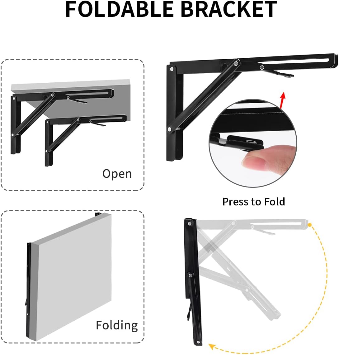 YUMORE Folding Shelf Bracket Heavy Duty, 12 Inch Collapsible Shelf Bracket, Black DIY L Bracket for Workbench Folding Table Hinge, Max Load: 330lbs, 2 Pack