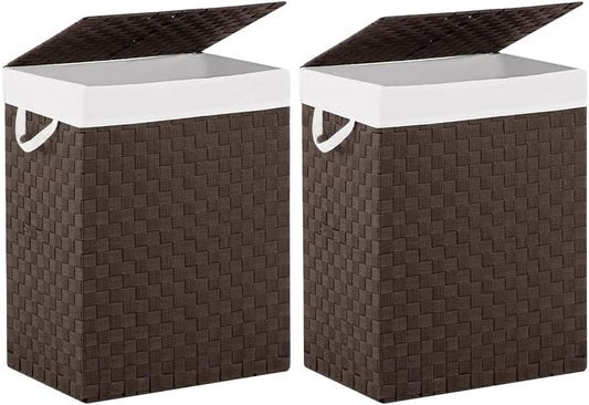 Foldable Laundry Hamper Basket with Lid by Fiona's magic, Handwoven 96L Large Clothes Hamper with Removable Liner Bags, Collapsible Tall Hamper for Bedroom, Bathroom and Dorm Organizer, 2Pack, Brown
