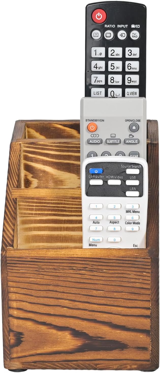 Wooden Remote Control Holder Organizer, 3 Compartment Storage Slots, TV Remote Holder for Table, TV Remote Media Remote Storage Box for Living Room (Brown)