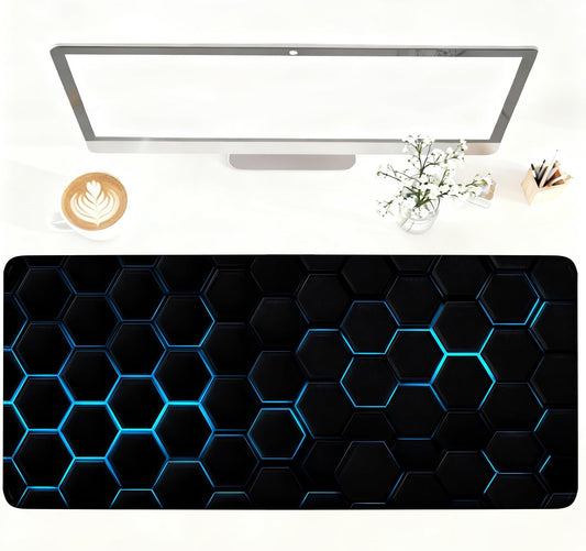 Gaming Mouse Pad – Large Extended Desk Mat35.43 x 15.75 in – Futuristic Black Honeycomb Design with Blue Glow, Non-Slip Base, Waterproof Surface, Keyboard & Mouse Pad for Gaming or Office