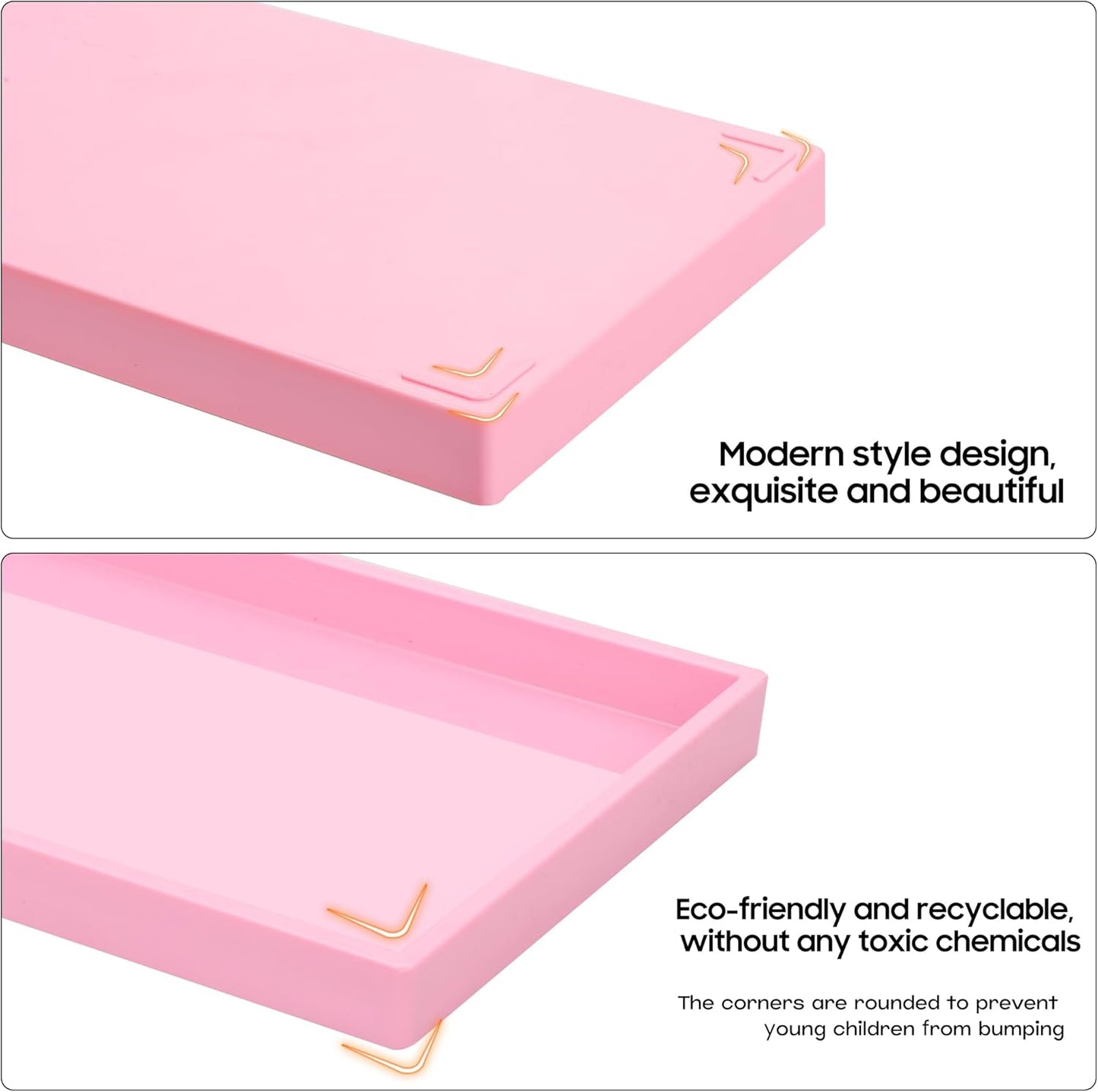 Vanity and Bathroom Tray, 7.7" ABS Countertop Organizer,Waterproof Vanity Tray for Toilet Tank,Perfume,Soap,Keys,Bathroom Accessories,Kitchen and Bath Trays,Non Slip Small Trays,Pink