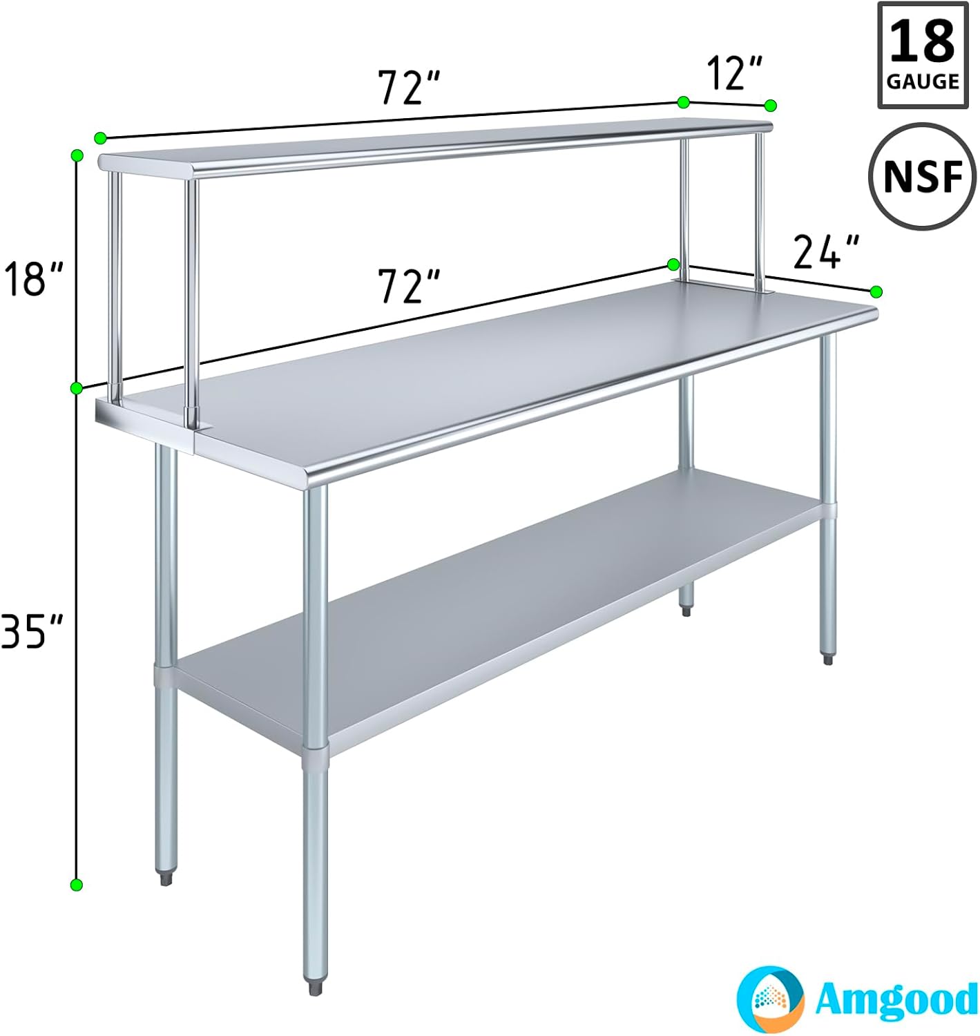 Stainless Steel Work Table with Wide Single Tier Overshelf | 24" x 72" Work Table + 12" Overshelf