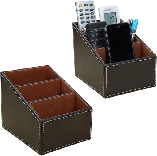 AgentMoon 2-piece Set Remote Control Holder,3-Compartment Gradient Desk Organizer,PU Leather Outside Storage Box with Suede Imitation Lining. 6.3x5.1x5.2 inches,10.8oz/308g(Brown 2PCS)