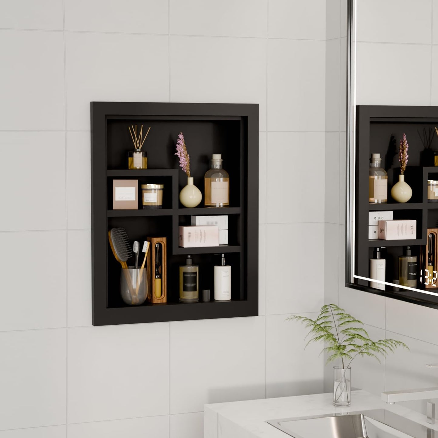 Solid Wood 14 X 18 Recessed Medicine Cabinet,2-Tier, Medicine Cabinet Organizer,Wall Niche, Bathroom Wall Cabinet, Recessed Bathroom Cabinet, Bathroom Cabinet with Storage Black