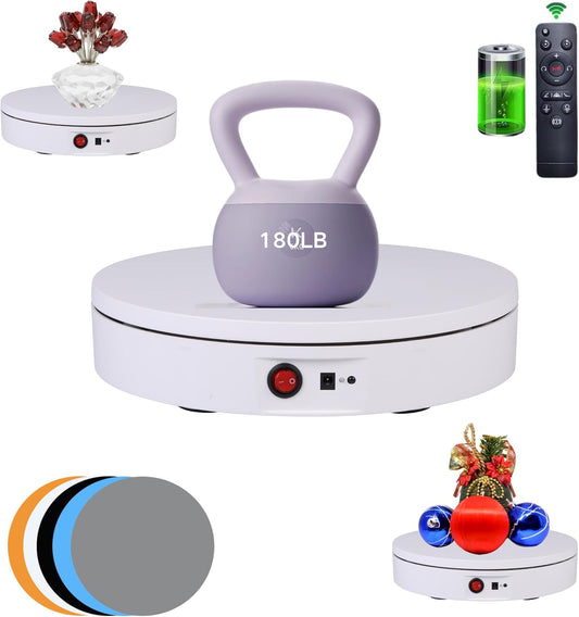 JAYEGT Motorized Rotating Display Stand，180Lbs Load，360 Degree Electric Rotating Turntable for Photography Products Display，Live Show,Remote Control +5 Colors Backgrounds(White / 8.66inch / Rechargeable)