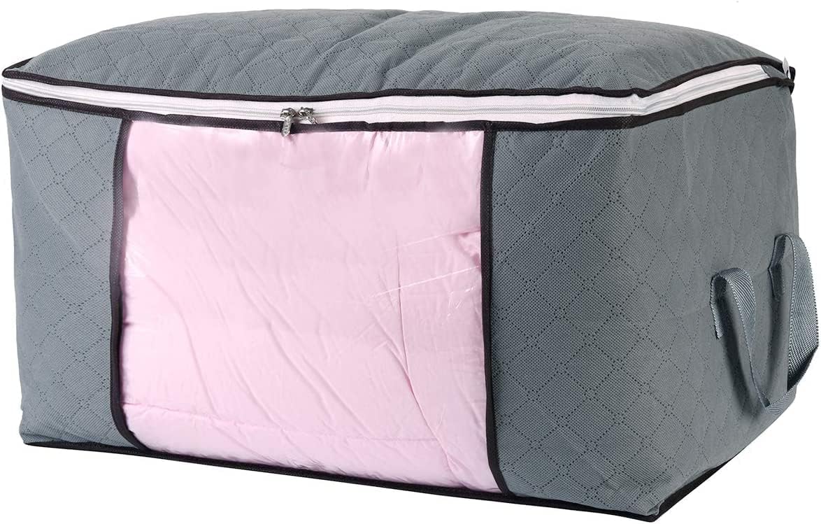 combocube Comforter Storage Bag, Zippered Bag with Large Clear Window and Carry Handles, Space Saver Organizers for Closet, Blanket, Pillow, Quilt, Bedding, Clothes (4Pcs Grey Large)