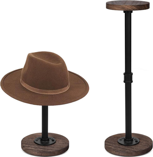 2 Pcs Tabletop Hat Stand Cap with Height Adjustment, Industrial Metal Pipe Rustic Burnt Wood Hat Rack, Wig Rack or Jewelry Display Riser
